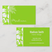 緑 – 黄ハワイアン熱帯性ハイビスカス；ヤシ 名刺 (正面/裏面)