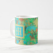 緑、黄色、青のドロップ抽象芸術モノグラム コーヒーマグカップ (正面左)