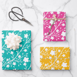 緑、黄、ピンク色の色の数々の春の花 ラッピングペーパーシート