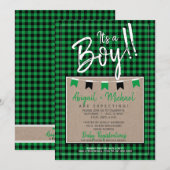 緑+黒男の赤ちゃんバッファロープレイドベビーシャワー 招待状 (正面/裏面)