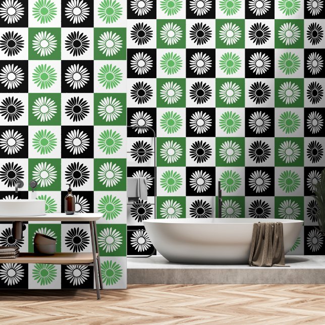 緑、黒、白の花 壁紙 (浴室)