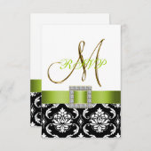 緑 黒 白 ダマスクイニシャル 結婚式 返信 招待状 (正面/裏面)