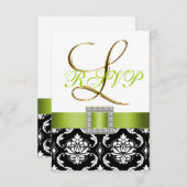 緑 黒 白 ダマスクイニシャルL ウェディング RSVP 招待状 (正面/裏面)