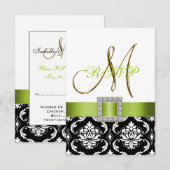緑 黒 白 ダマスク 初期 結婚 返信 招待状 (正面/裏面)