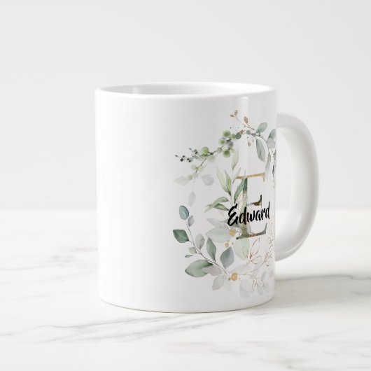 緑w金ゴールド葉モノグラムイニシャル'E'名 ジャンボコーヒーマグカップ (正面右)