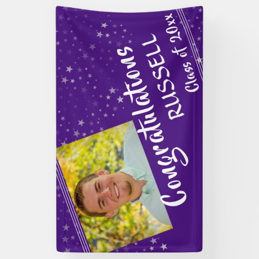 線と星 |編集可能な紫 |写真の卒業 横断幕 (縦)