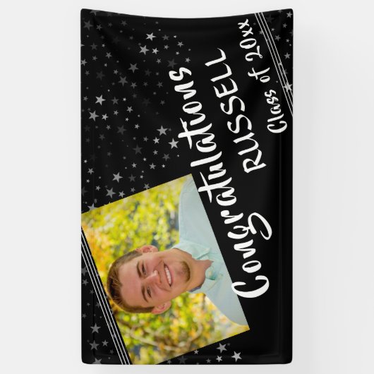 線と星 |編集可能な黒 |写真の卒業 横断幕 (縦)