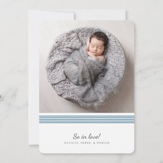 線スタイリッシュエレガント| 2フォトネイビー誕生 案内状 (裏面)