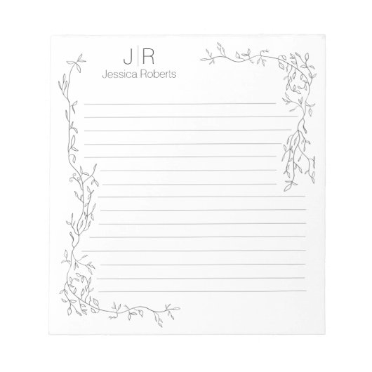 線パーソナライズされた付きお洒落つる植物モノグラム名 ノートパッド (正面)