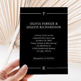 線モダンとモノグラム |ダークブラック結婚ズ 招待状