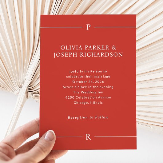 線モダンとモノグラム | Poppy Red 結婚's 招待状