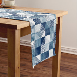 線モダン付きジオメトリチェック、色調ブルー ロングテーブルランナー