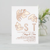 線モンステラ結婚リーフの押し 箔招待状 (立ち正面)