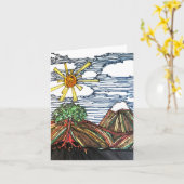 線形アート（山、木、日差し、手書き） カード (黄色い花)