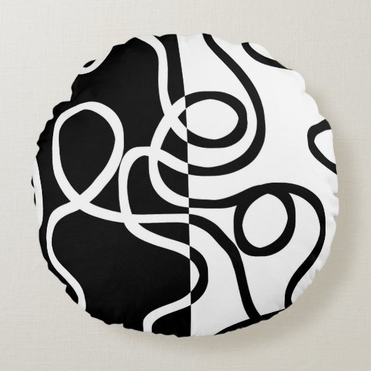 線形説得I:抽象芸術ブラック&ホワイト ラウンドクッション (正面)