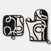 線形説得I:抽象芸術ブラック&ホワイト 鍋つかみ&鍋敷きセット (正面)