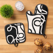 線形説得I:抽象芸術ブラック&ホワイト 鍋つかみ&鍋敷きセット (トップダウン)