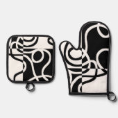 線形説得II:抽象芸術ブラック&ホワイト 鍋つかみ&鍋敷きセット (正面)