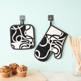 線形説得II:抽象芸術ブラック&ホワイト 鍋つかみ&鍋敷きセット