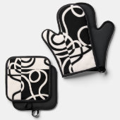 線形説得II:抽象芸術ブラック&ホワイト 鍋つかみ&鍋敷きセット (正面/裏面)