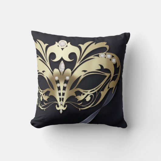 線条細工の仮面舞踏会の黒のリバーシブル クッション (正面)