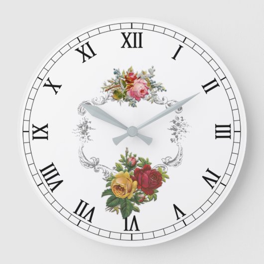 線条細工フレームを持つエレガントでフランスのなヴィンテージのバラ ラージ壁時計 (正面)
