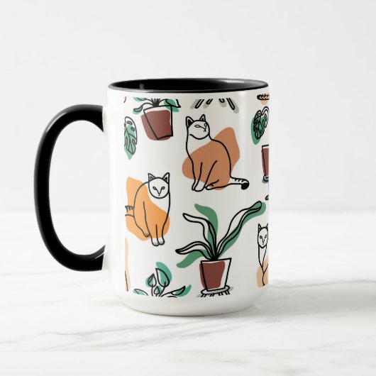 線画の猫と花 マグカップ (左)