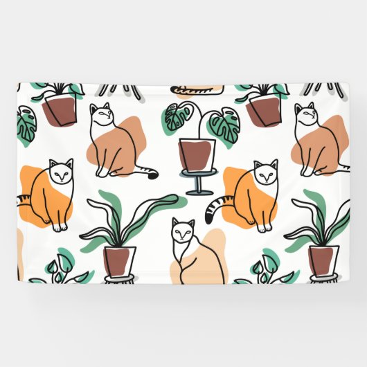 線画の猫と花 横断幕 (横)