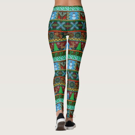 編まれたクリスマスのセーターのトナカイの雪だるまの休日 レギンス (裏面)