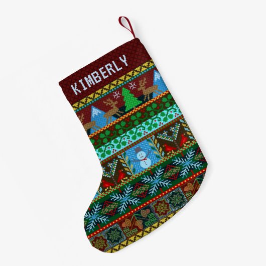 編まれたクリスマスのセーターのトナカイの雪だるま|の名前 スモールクリスマスストッキング (裏面 (吊り時))