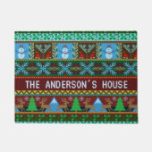 編まれたクリスマスのトナカイの雪だるま|の姓 ドアマット (正面)