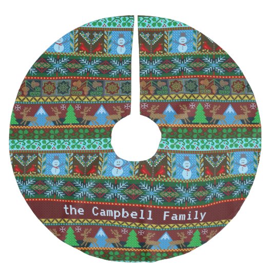 編まれたクリスマスの雪だるまのトナカイ|の姓 ブラッシュドポリエステルツリースカート (正面)