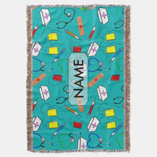 編まれる総括的で青いCustimizableナース用具によって スローブランケット (正面縦)