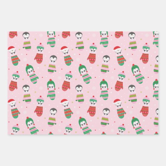 編みミトンの可愛いクリスマスペンギン ラッピングペーパーシート (正面2)