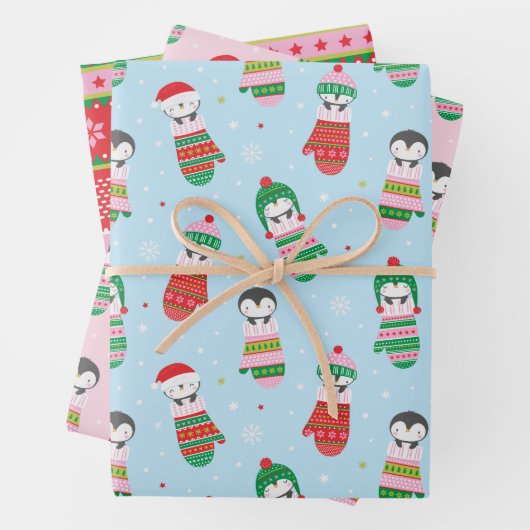 編みミトンの可愛いクリスマスペンギン ラッピングペーパーシート (インサイチュ)
