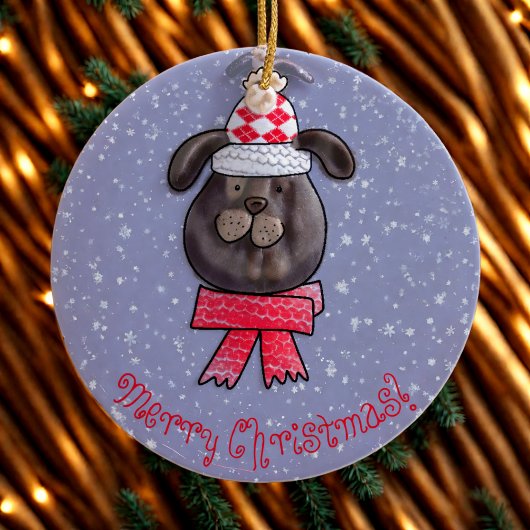 編み帽とマフラーをつけた小さなクリスマス犬 セラミックオーナメント