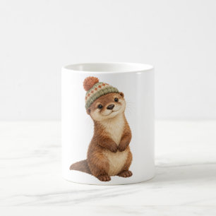 編み帽子をかぶったカワウソの赤ちゃん コーヒーマグカップ