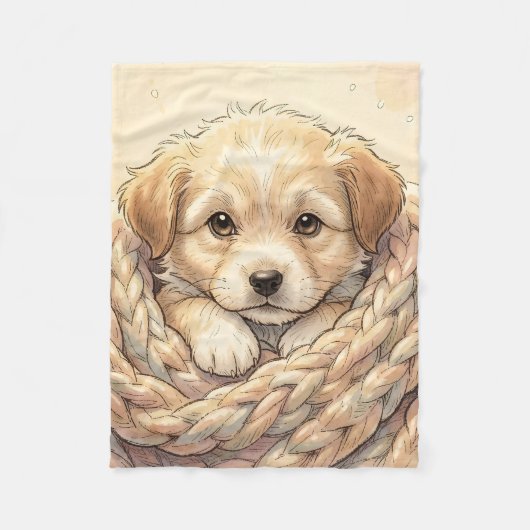 編み物で包まれたかわいい子犬 フリースブランケット (正面)