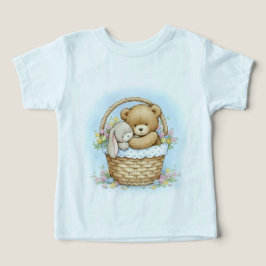 編み物のバスケットに入ったクマの仔とウサギ