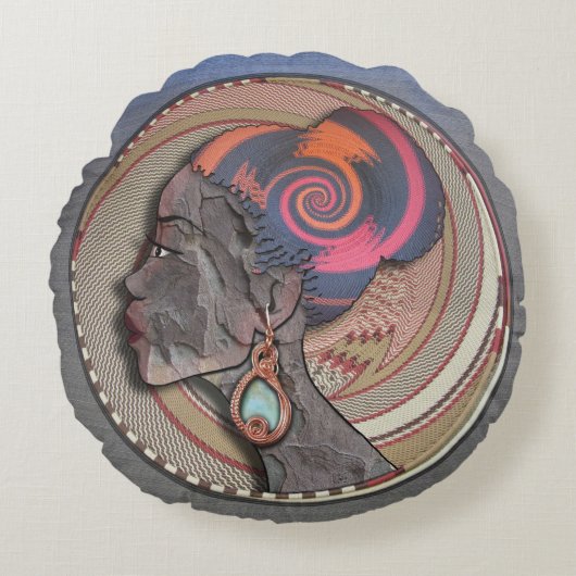 編み物のバスケットのアフリカ人女性プロフィール ラウンドクッション (正面)