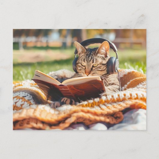 編み物のブランケットの上で本を読む猫 シーズンポストカード (正面)