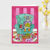 編み物の猫とマウスのあいさつ文またはノートカード カード (黄色い花)