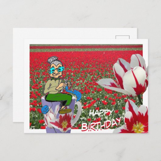 編み物ウーマンオンチューリップマグカップ誕生日はがき ポストカード (正面/裏面)