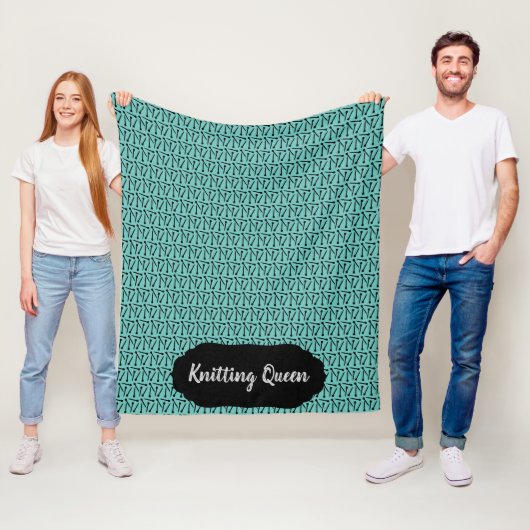 編み物クイーン針パターン+ラベルティール(緑がかった色)+ブラック フリースブランケット (インサイチュ)