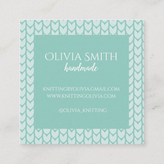 編み物クラフトブルー柄ハンドメイドパーソナライズされた スクエア名刺 (裏面)