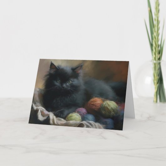 編み物コンパニオン 黒い子猫と糸 サンキューカード (正面)