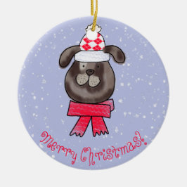 編み物スカーフを巻いた小さなクリスマス犬 セラミックオーナメント