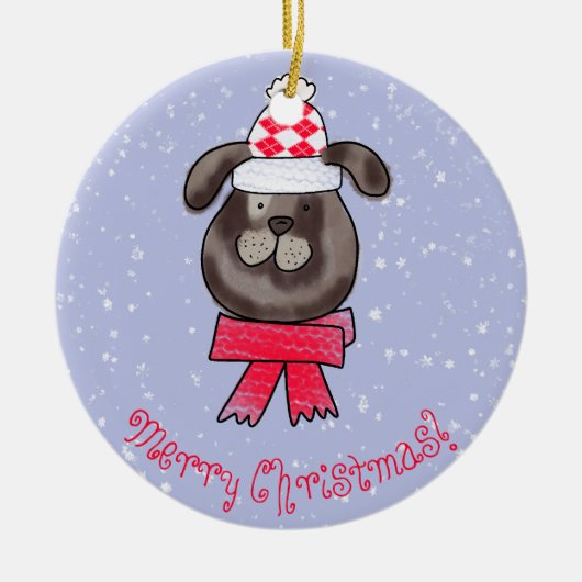編み物スカーフを巻いた小さなクリスマス犬 セラミックオーナメント (正面)
