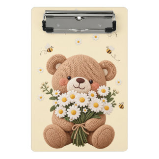 編み物テディベアとデイジーの花束と可愛い蜂 ミニクリップボード
