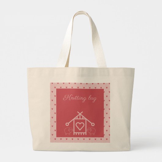 編み物バッグピンクハートと羊 ラージトートバッグ (裏面)